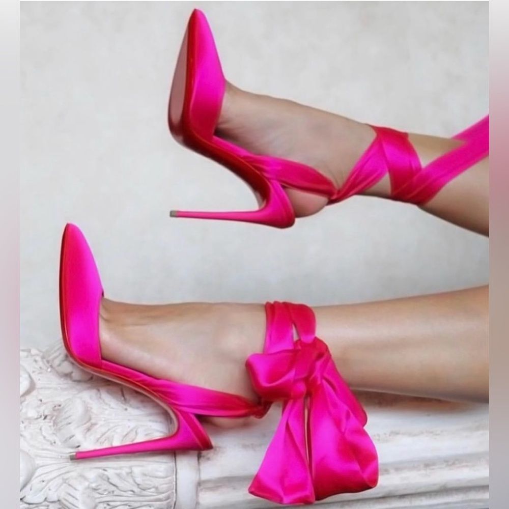 CHRISTIAN LOUBOUTIN Satin Douce Du Desert 100 Heels Rose Pink Ankle Tie EU37 US7 - Picture 14 of 16